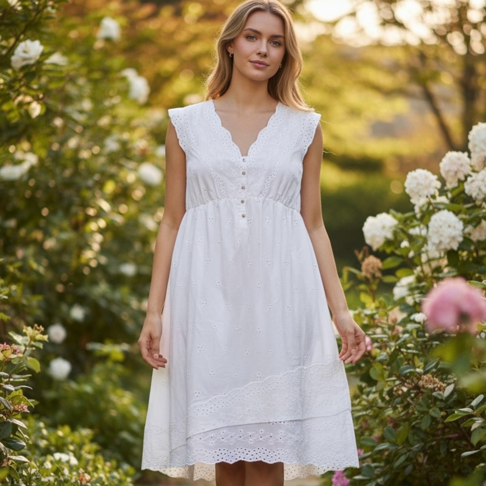 NWT Liz Claiborne Dress White Sleeveless Eyelet Embroidered Cottagecore Size M - Picture 1 of 7